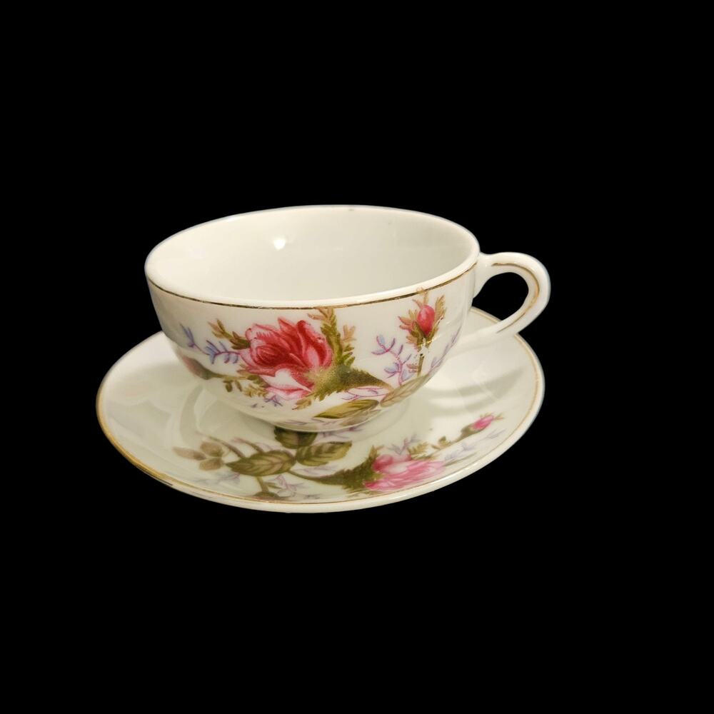 Vintage Japanese Porcelain Floral Teacup & Saucer Set of 3 Pink Roses Gold Trim